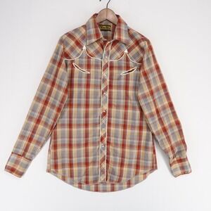 Vintage Tem Tex Shirt Mens 15.5 x 35 Multicolor Plaid Pearl Snap Western